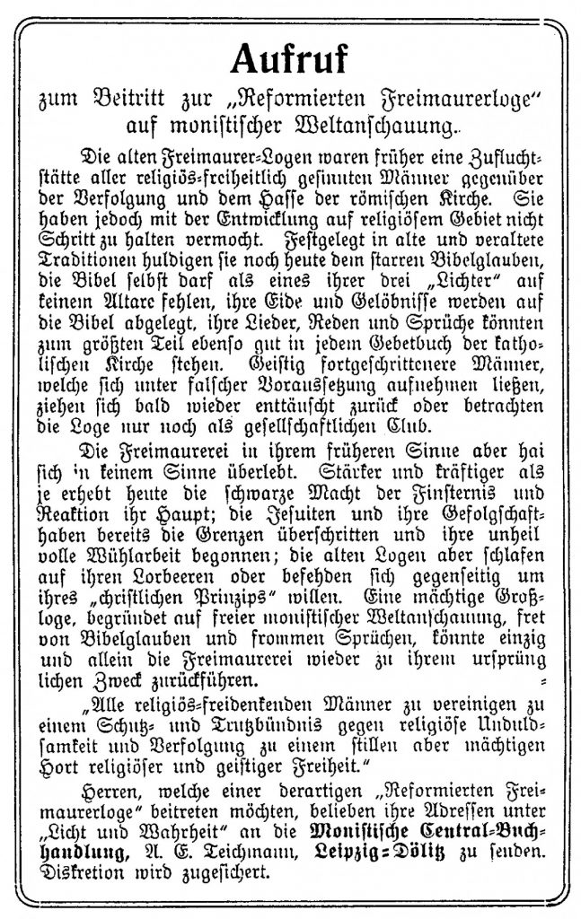 Text in altdeutscher Fraktur zum Beitritt zur "Reformierten Freimaurerloge" auf monistischer Weltanschauung